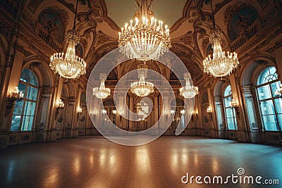 An Antique Ballroom with Crystal Chandeliers and Ornate decor. Generative AI Stock Photo