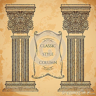 Antique and baroque classic style column and ribbon banner vector set. Vintage architectural details design elements Vector Illustration