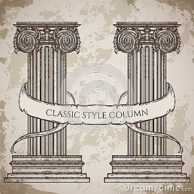 Antique and baroque classic style column and ribbon banner vector set. Vintage architectural details design elements Vector Illustration