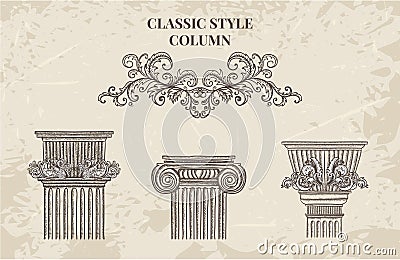 Antique and baroque classic style column vector set. Vintage architectural details design elements Vector Illustration