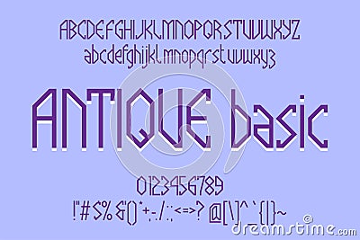 Antique Basic Latin display font. Craft typeface with uppercase and lowercase letters, numbers and punctuation in style of ancient Vector Illustration