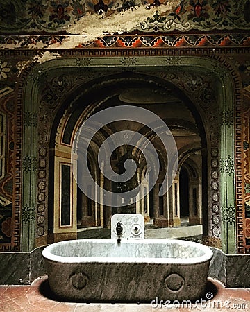 Antique bath tub in a very old and beautiful castle in Italy Editorial Stock Photo