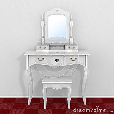 Antique Bedroom Vanity Table with Stool and Mirror in Room with Stock Photo