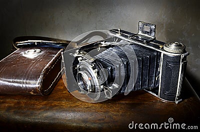 Antique bellows camera with original leather case Stock Photo