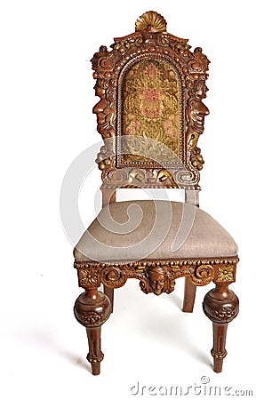 Antique Biedermeier chair isolated on white with authentic fabric and wood carving Stock Photo