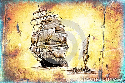 Antique boat sea drawing handmade Stock Photo