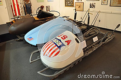 Antique Bobsled in Lake Placid Olympic Museum, USA Editorial Stock Photo