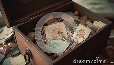 Antique book collection in old fashioned dresser drawer, nostalgia still life generated by AI Stock Photo