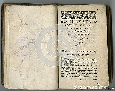 Antique book, information page and ancient knowledge for learning study, research article notes or vintage story. Latin Stock Photo
