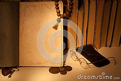 Antique book with old russian coins Stock Photo