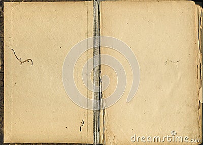 Antique book unfolded with aged textured paper inside. Old book opened to blank pages closeup. Vintage texture surface backdrop Stock Photo