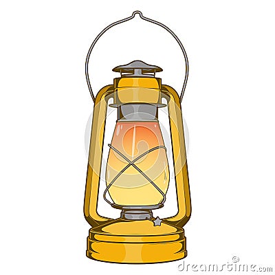 Antique Brass Old Kerosene Lamp isolated on a white background. Colored line art. Retro design. Vector Illustration