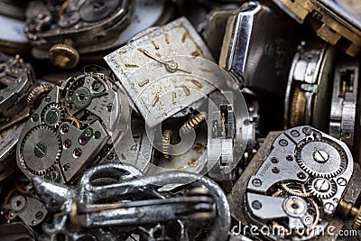 Antique Broken Watches, Watch Movements and Parts for Repair Stock Photo