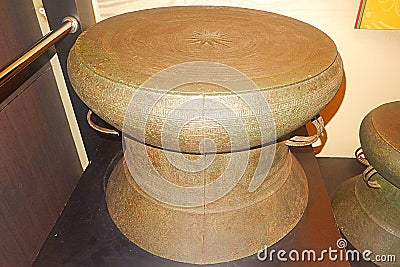 antique bronze drums at museum, nekara artefacts Editorial Stock Photo