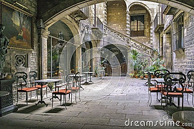 Antique Building Courtyard, Gothic District, Barcelona, Spain Stock Photo
