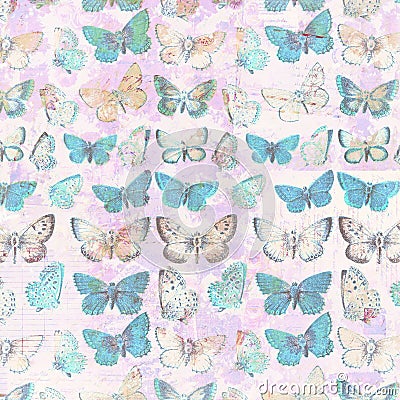 Antique butterflies grungy shabby chic pattern botanical background Stock Photo