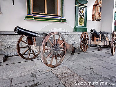 antique cannon on a wooden carriage Editorial Stock Photo