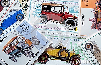 Antique cars on stamps Editorial Stock Photo