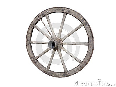 Antique Cart Wheel made of wood and iron-lined, isolated Stock Photo