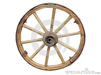 Antique Cart Wheel made of wood and iron-lined isolated Stock Photo