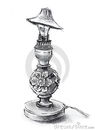 Antique carved wood lamp with small metal shade. Retro object. Charcoal sketch Stock Photo