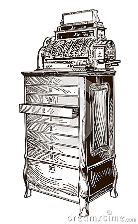 Antique cash register on drawer chest, in three-quarter view Vector Illustration