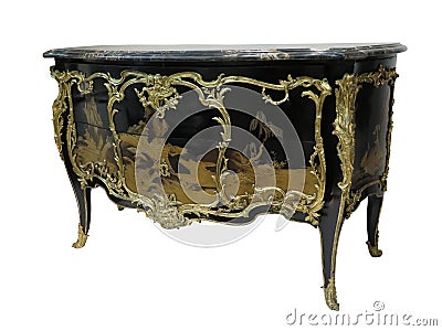 Antique chest of drawers known as commode wood inlaid ormolu furniture isolated on white Stock Photo