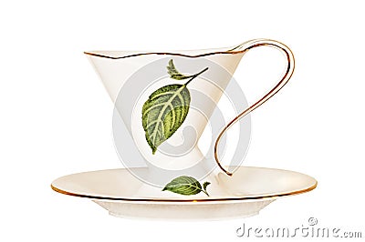 Antique China tea cup and saucer with leaves. Stock Photo