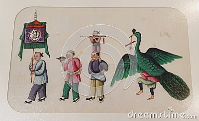 Antique Chinese Painting Fish Lanterns Phoenix Puppet Lantern Festival Vintage Watercolour Pith Paper Celebration Figure Drawings Editorial Stock Photo