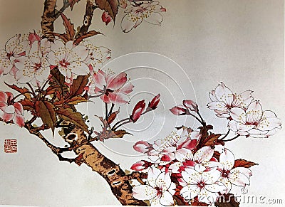 Antique Chinese Painting Sakura Cherry Blossom Flowers Flower Bloom Floral Bird Brush Painting Watercolor Sign Seal Signature Chop Editorial Stock Photo