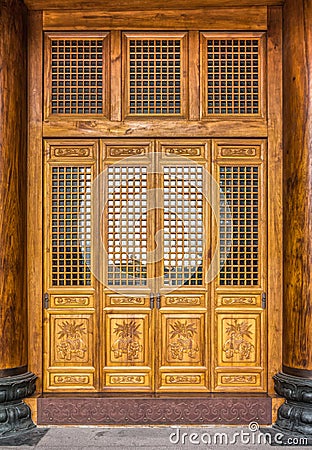 The antique Chinese wooden carved doors Stock Photo