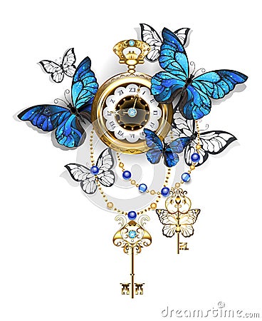 Antique clock with butterflies morpho Vector Illustration