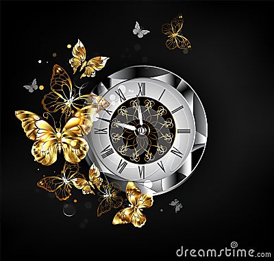 Antique clock with golden butterflies Vector Illustration