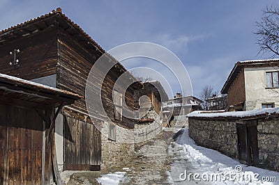 Antique cobblestone street with beauty ancient houses, town Koprivshtitsa Stock Photo