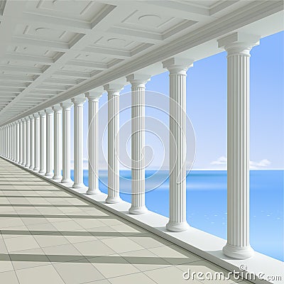 Antique colonnade on a background of blue sea Cartoon Illustration