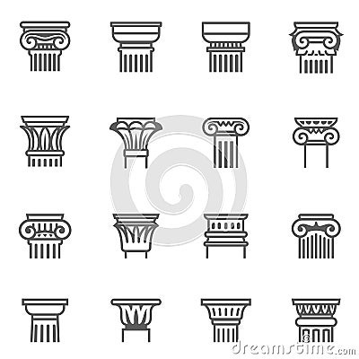 Antique columns, pillars outline icons set isolated on white. Classic plinth, socle, museum pedestal. Stock Photo
