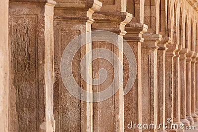 Antique columns in Villanueva de los Infantes main square. Quixote Stock Photo