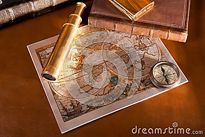 Antique compass and old map Stock Photo