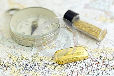 Antique Compass, Prospecting Map, And Gold Stock Photo