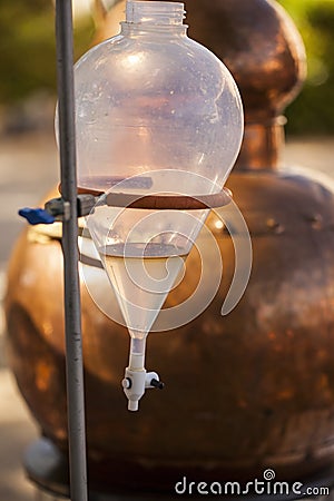 Antique copper bowl alembicused for distillation Stock Photo