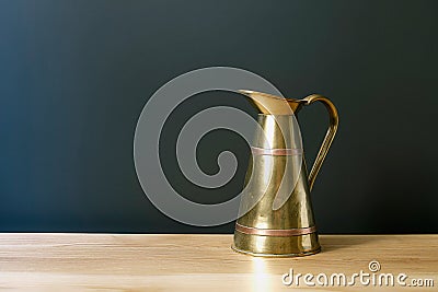 Antique Copper Jar On Wooden Surface In Black Walls Interior Stock Photo