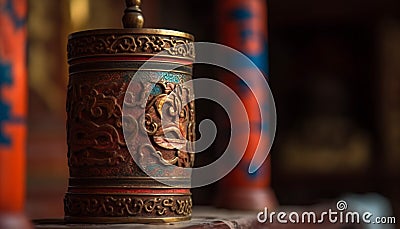 Antique copper prayer wheel, symbol of Tibetan Buddhism spirituality generated by AI Stock Photo
