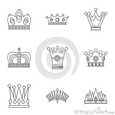 Antique crown icon set, outline style Vector Illustration