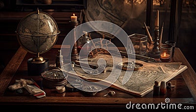 Antique desk holds history books, quill, brass generated by AI Stock Photo