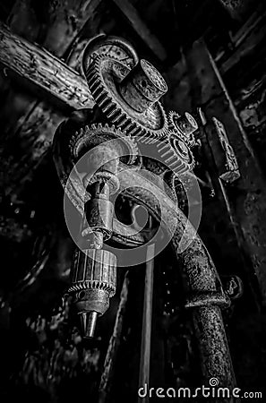 Antique Drill Press in a Blacksmith Shop, ON BW Editorial Stock Photo