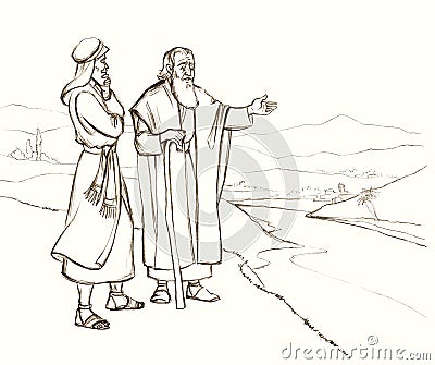 Abraham invites his nephew Lot to choose the land. Pencil drawing Stock Photo