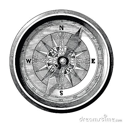 Antique engraving illustration of vintage compass black and white clip art isolated on white background,Compass of travel and sea Vector Illustration