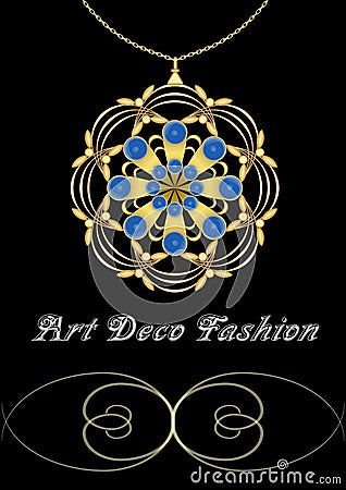 Antique expensive art deco filigree brooch in circle composition with blue sapphires, gold jewel, fashion in victorian Vector Illustration