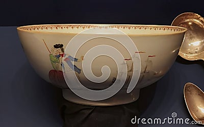 Antique Famille Rose Porcelain Bowl Goldfish Teasing at Pondweed Interior Ship Painting Captain Boat Ceramic Utensil Stock Photo