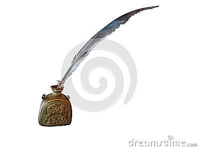 Antique feather pen and ancient copper inkwell isolated over white Stock Photo